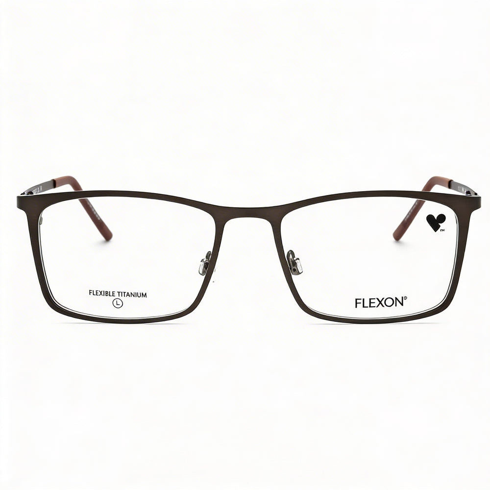 Monturas ópticas Flexon para hombre en color gris plomo mate sepia, con lentes de demostración transparentes, listas para lentes graduadas personalizadas