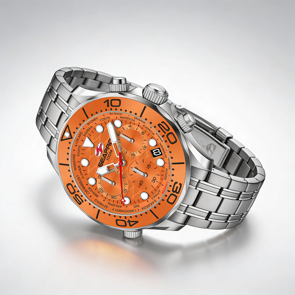 Seapro Modern Men's Orange Dial Stainless Steel Case & Bracelet Quartz Movement 100m Water Resistant Watch