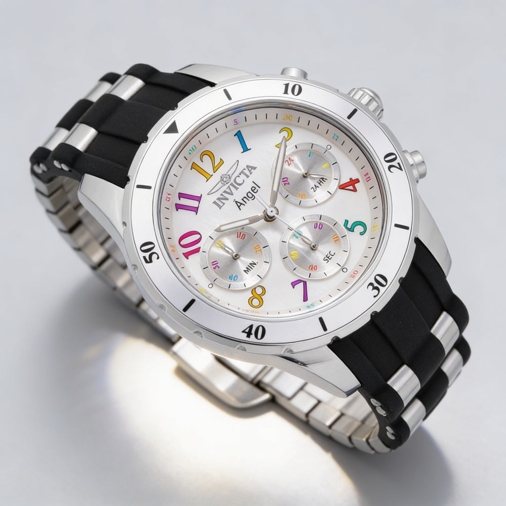 Reloj cronógrafo unisex Invicta Angel 49802 con caja de acero inoxidable plateada y correa de silicona, 40 mm