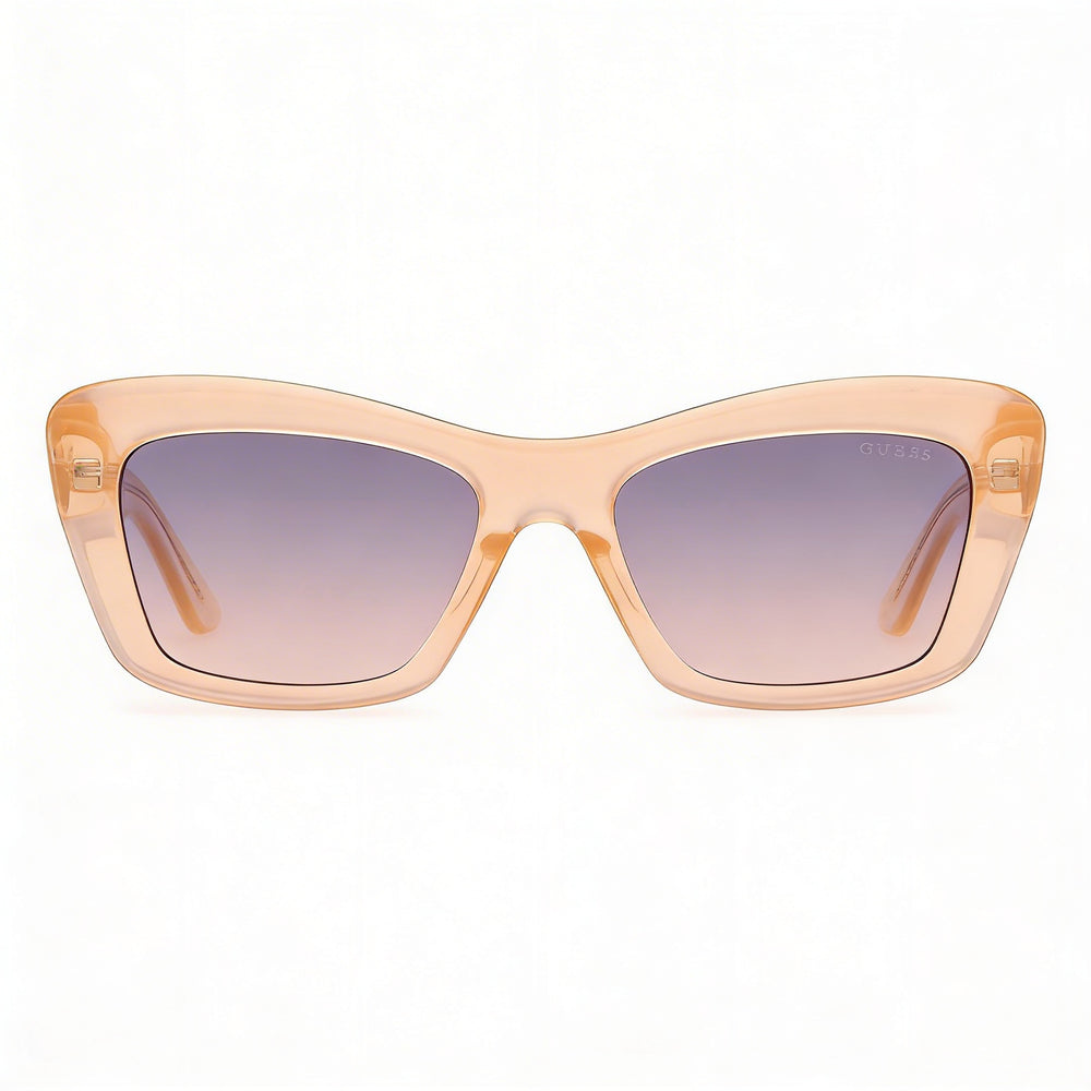GUESS Plastic Rectangular Women's Sunglasses, Shiny Light Orange Frame, Gradient/Mirror Violet Lenses, 52mm