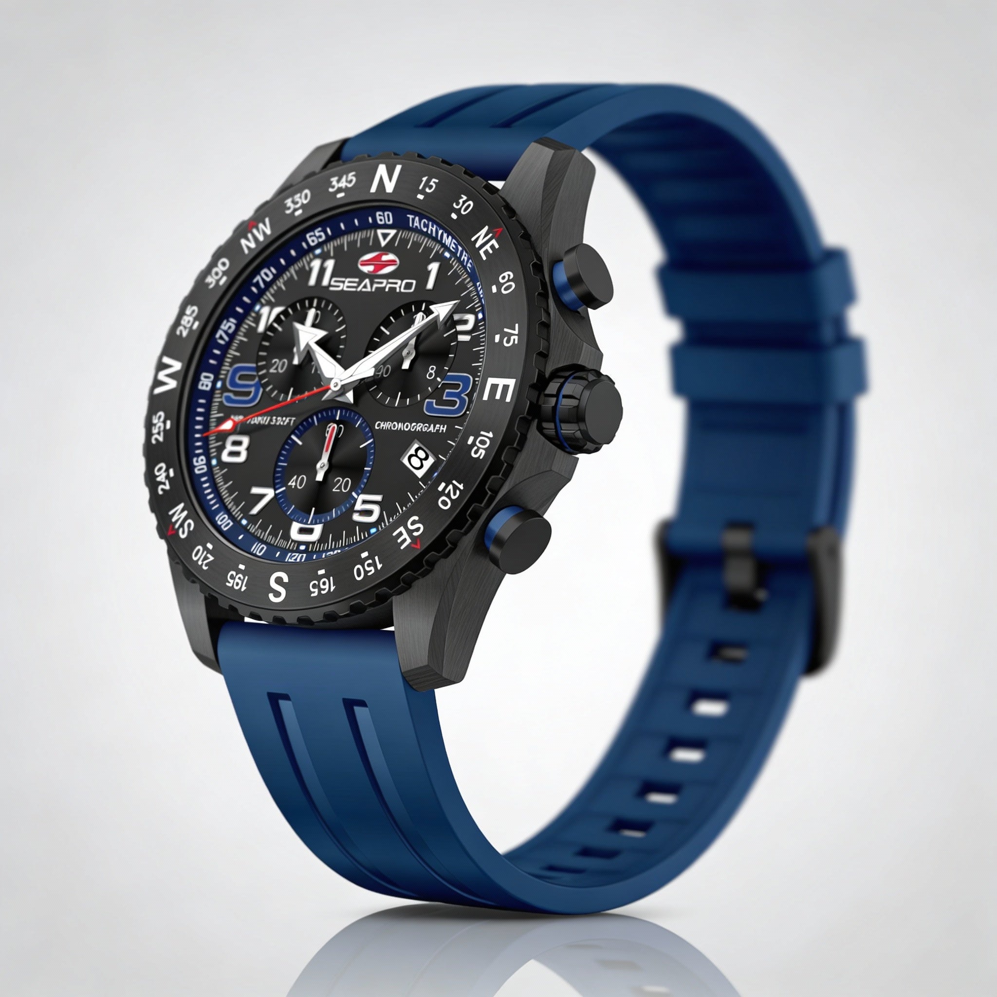 Seapro Men's Quartz Chronograph Watch, Black Stainless Steel Case, Rubber Strap, 100M Water Resistant, Photo 2