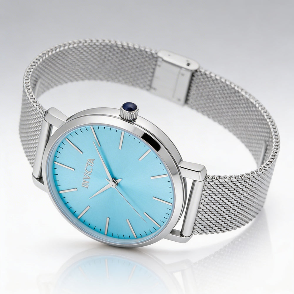 Reloj analógico Invicta Angel contemporáneo para mujer, caja plateada, esfera azul, 38 mm