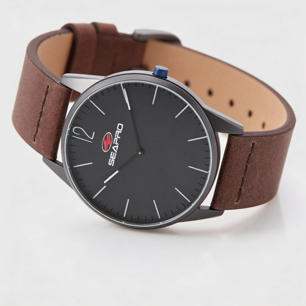 Reloj de cuarzo Seapro Black Hole para hombre, caja de acero inoxidable, correa de cuero, esfera negra, 40 mm, resistente al agua hasta 50 m