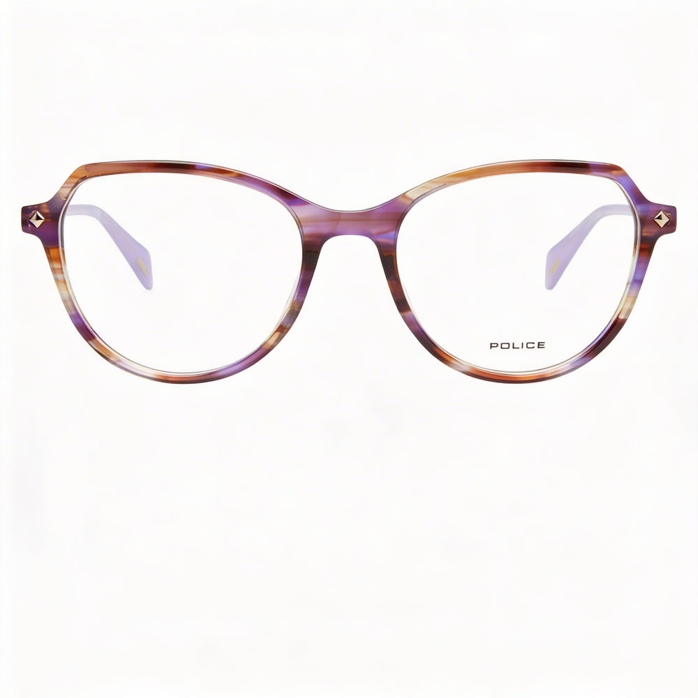 Montura de gafas Police de acetato para hombre con lentes de policarbonato, rayas marrones y moradas, talla 52-18-140
