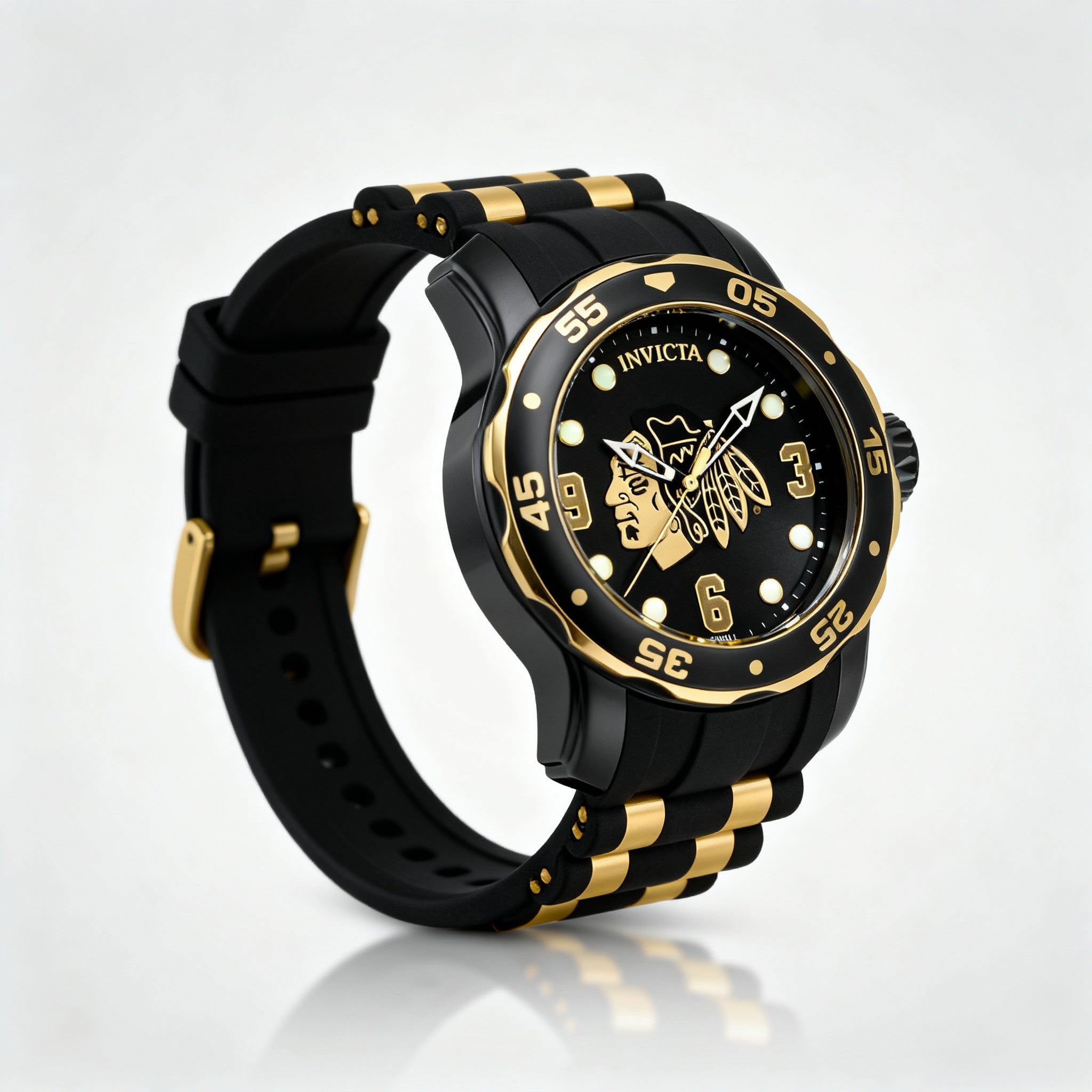 Invicta NHL Chicago Blackhawks 42315 Men's 48mm Black Ion-Plated Steel Quartz Watch, Gold & Silicone Strap