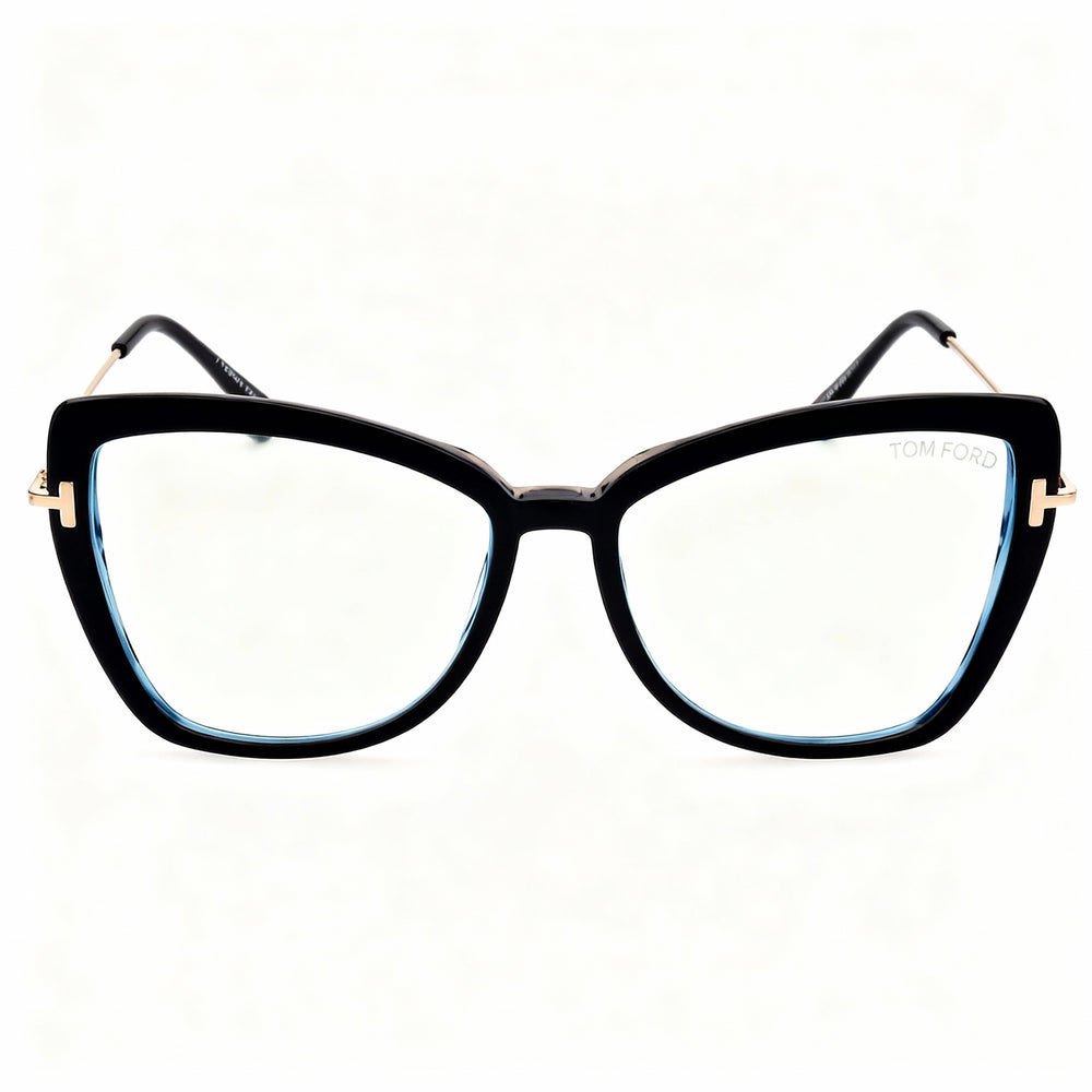 Tom Ford FT5882-B Women's Full Rim Cat Eye Shiny Black Pale Gold Plastic Blue-Light Block Eyeglasses 55mm