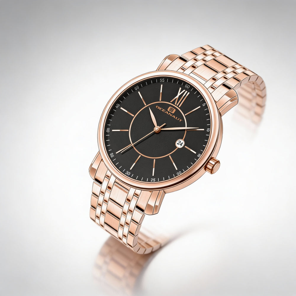 Pulsera Oceanaut para hombre, esfera negra, caja y pulsera de acero inoxidable, movimiento de cuarzo, reloj resistente al agua con mineral resistente a arañazos.