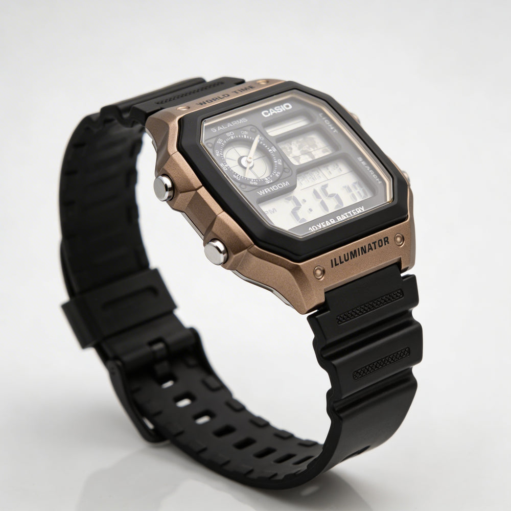 Reloj Casio AE-1200WH-5AVCF para hombre, multifunción, color negro y dorado, con pantalla digital, resistente al agua, 39,5 mm
