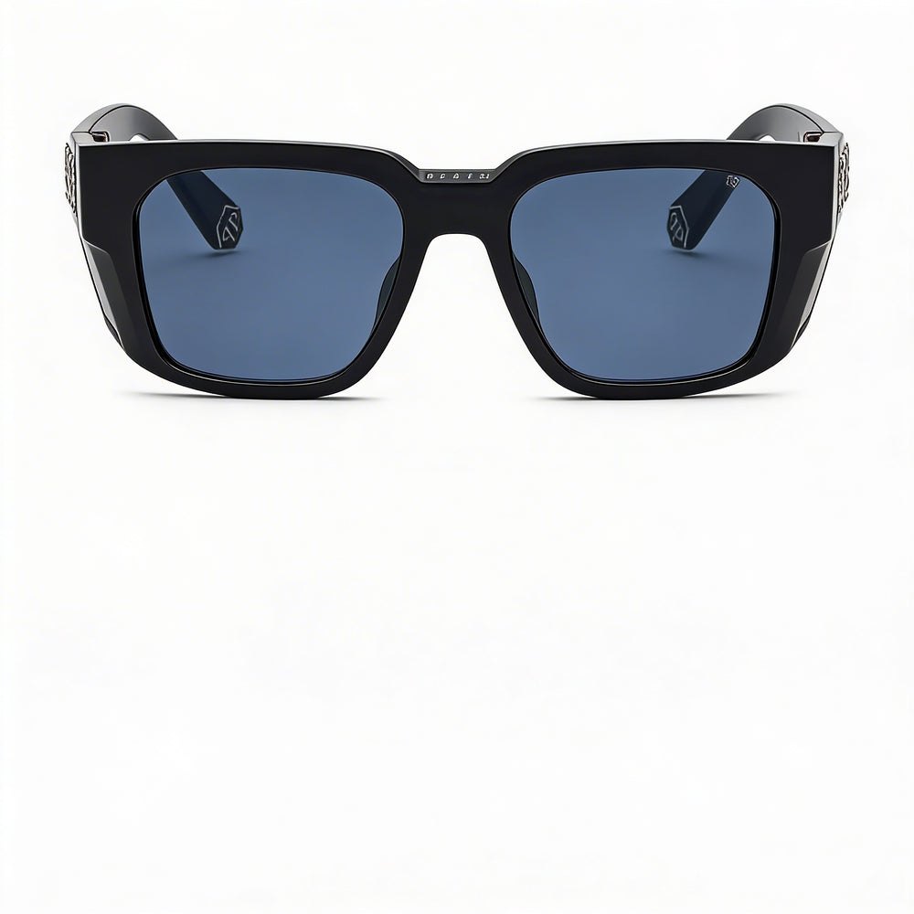 Philipp Plein Spp130m Men's Shiny Black Cellulose Acetate Sunglasses, Blue Non-Polarized UV Protection Lenses, 54mm