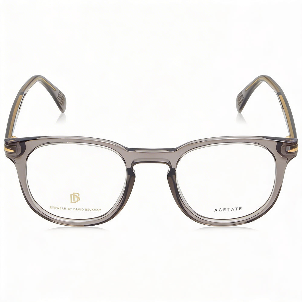 Monturas ópticas de plástico David Beckham Db 1072 para hombre en gris, con un ancho de lente de 50 mm, un ancho de puente de 22 mm y una longitud de patilla de 145 mm.