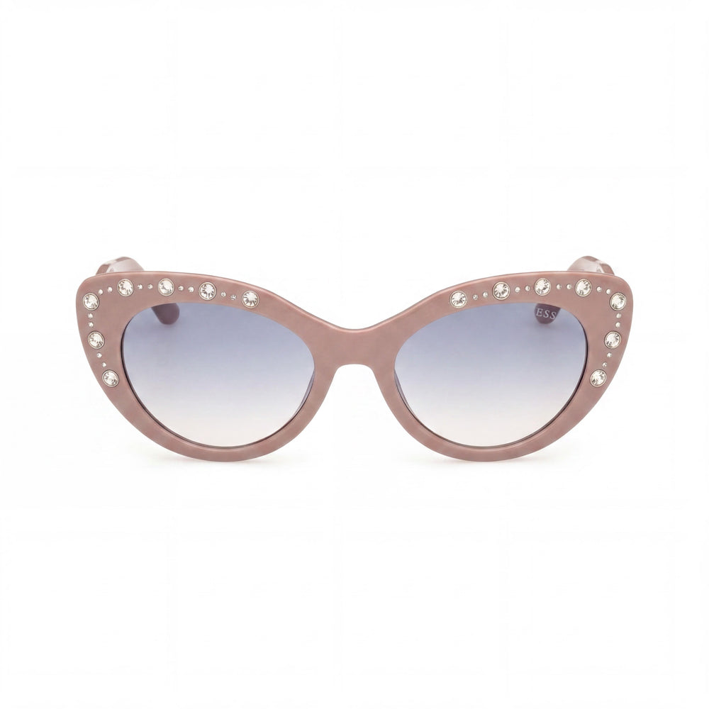 GUESS Gu00163 Gafas de sol unisex tipo ojo de gato con montura de plástico brillante beige, lentes azules degradadas de 54 mm, con protección UV