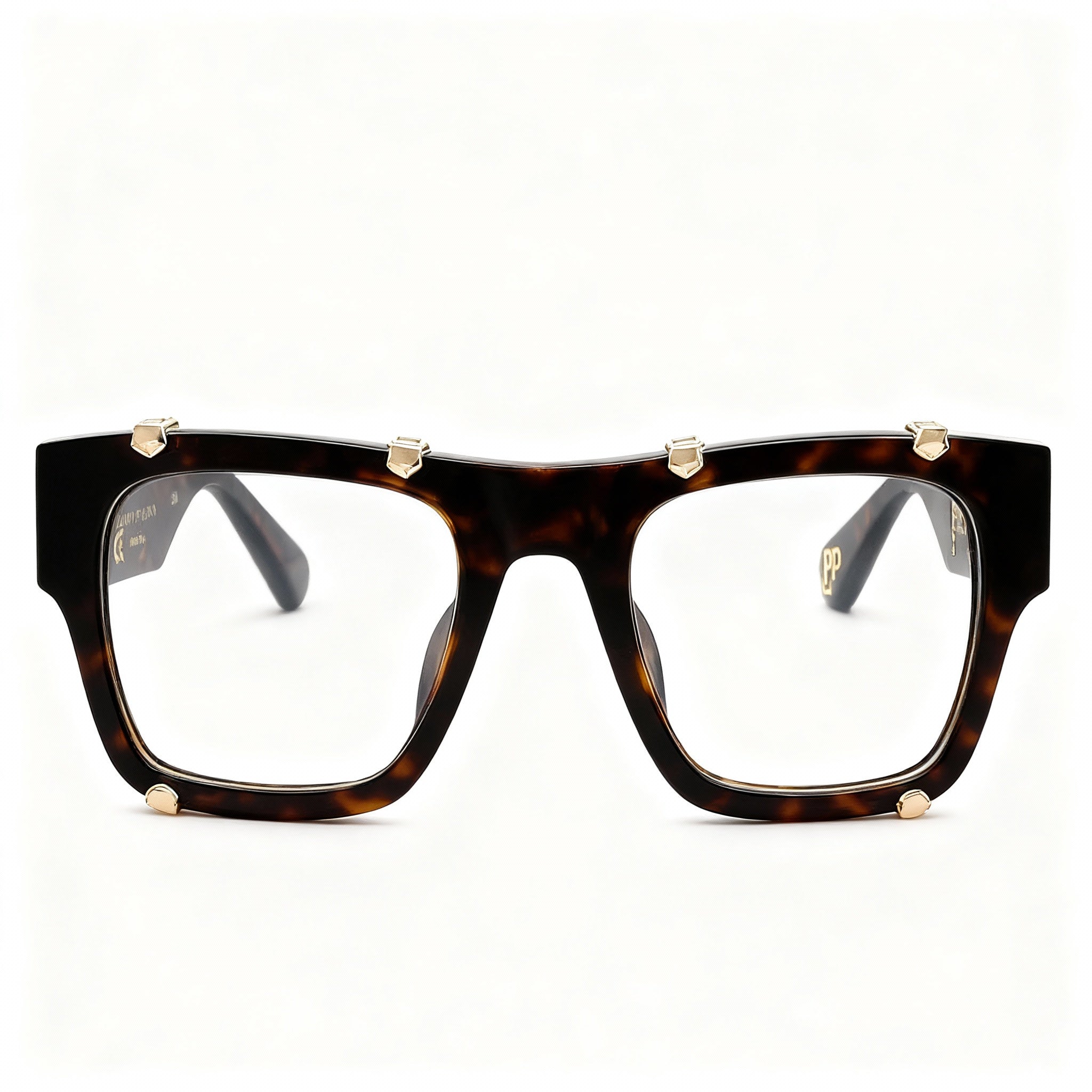 Philipp Plein VPP042W Men's Non-polarised Square Acetate Eyewear, Shiny Dark Havana, 54mm