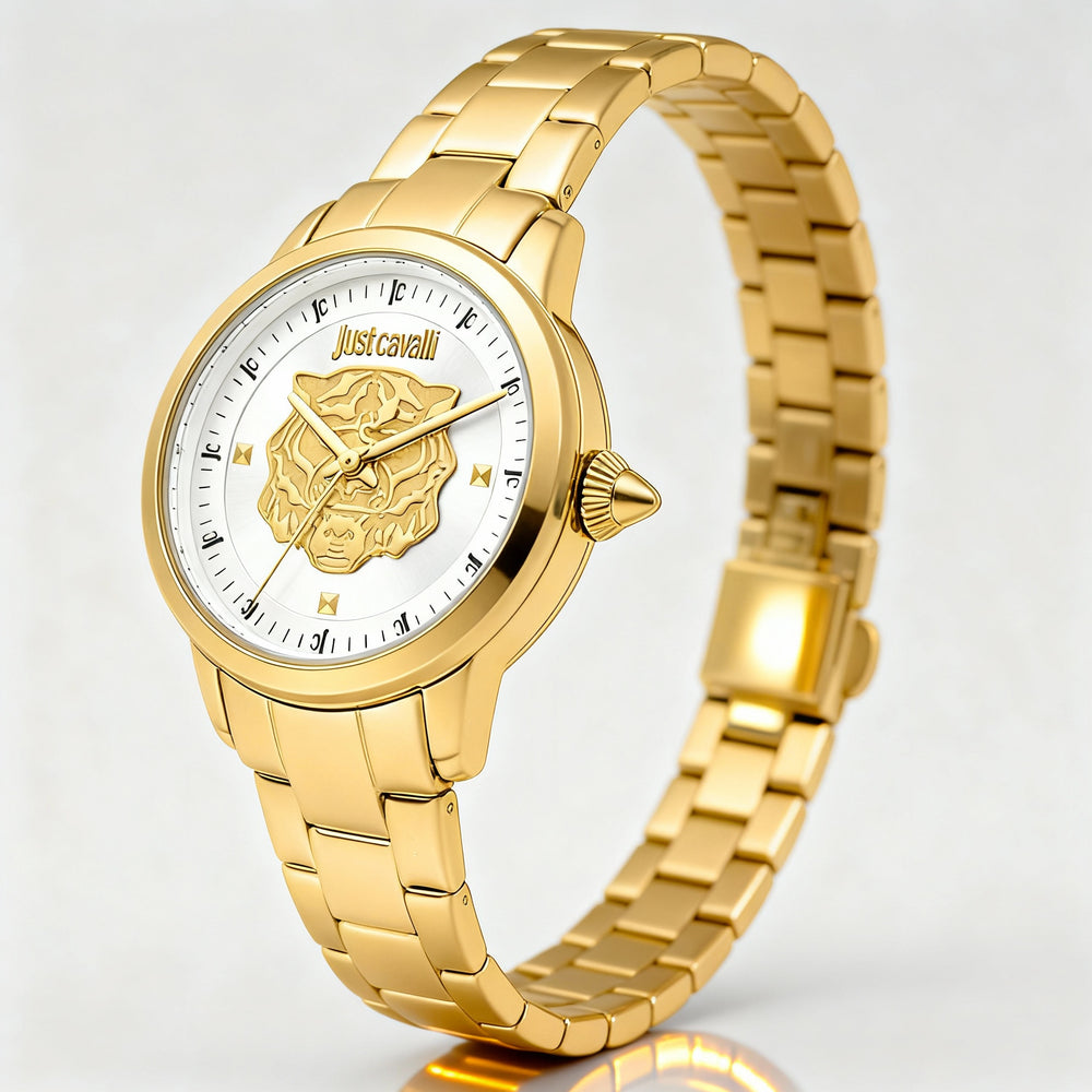 Reloj de pulsera Just Cavalli para mujer, acero inoxidable, oro amarillo de 30 mm, esfera gris plateada.