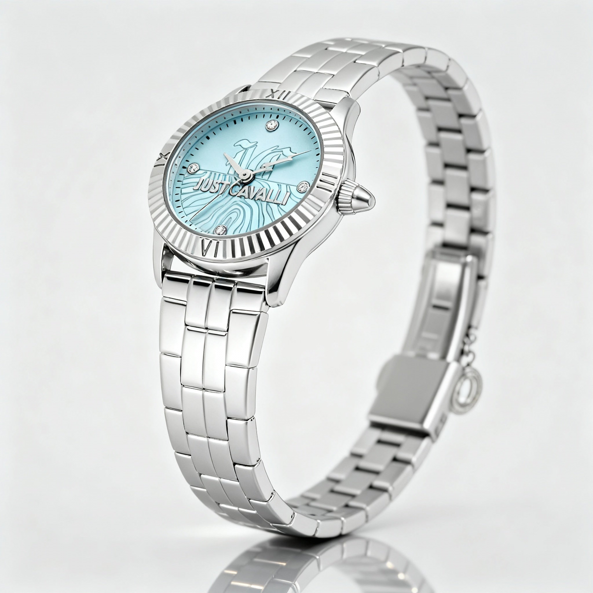 Just Cavalli Fashion Women's Watch, Stainless Steel Silver Case & Strap, Turquoise Dial, Quartz Movement, 26mm