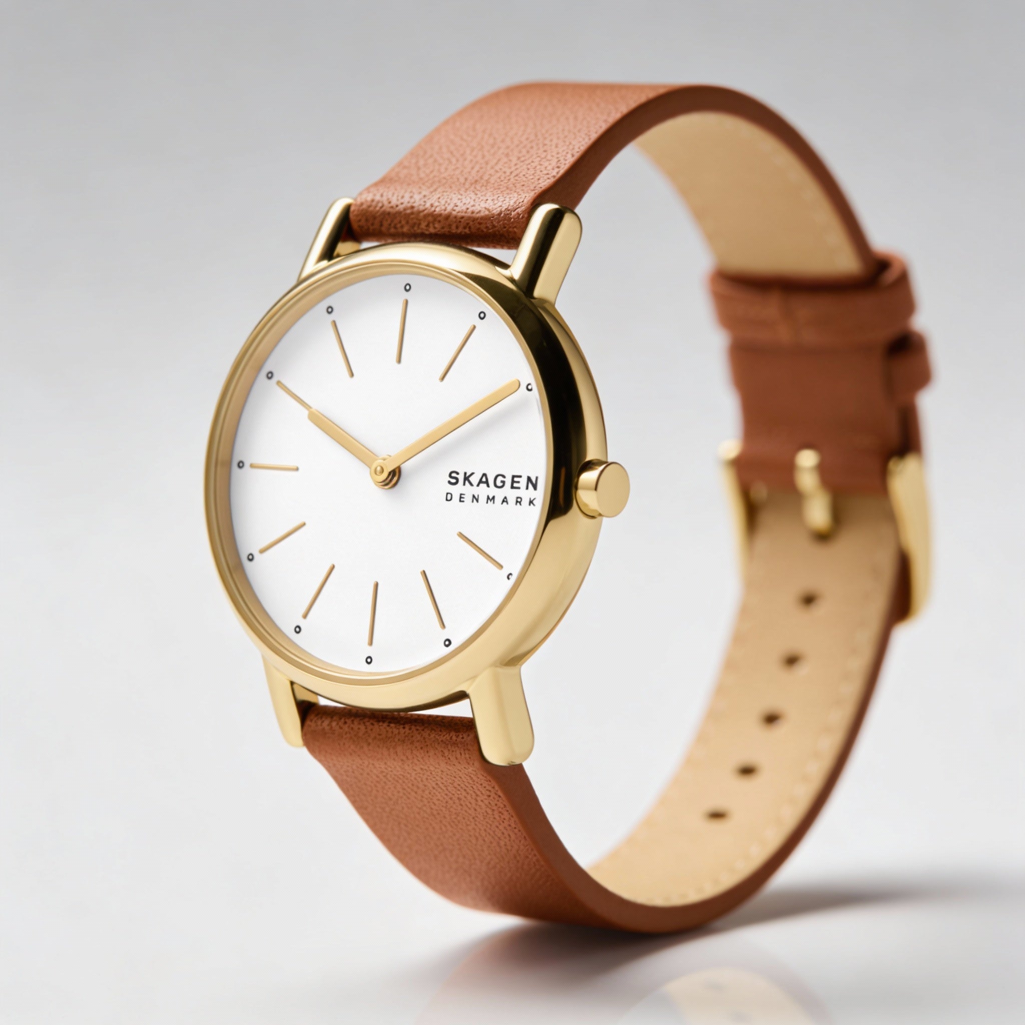 SKAGEN DENMARK Signatur Lille Women's Gold-Tone Stainless Steel Brown Leather Watch with White Dial 30mm