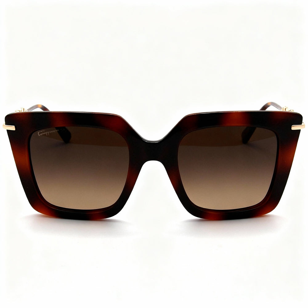 Gafas de sol clásicas Salvatore Ferragamo para mujer, montura de acero aleado, color Havana clásico, lentes de policarbonato no polarizado, 51-22-145