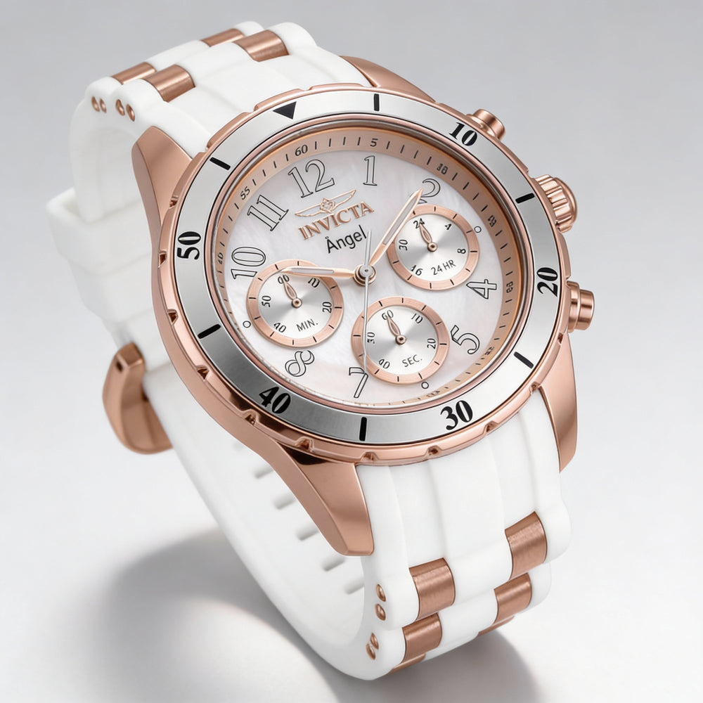 Reloj de cuarzo Invicta para mujer, caja de acero inoxidable en tono oro rosa, correa de silicona blanca, luminoso, 40 mm