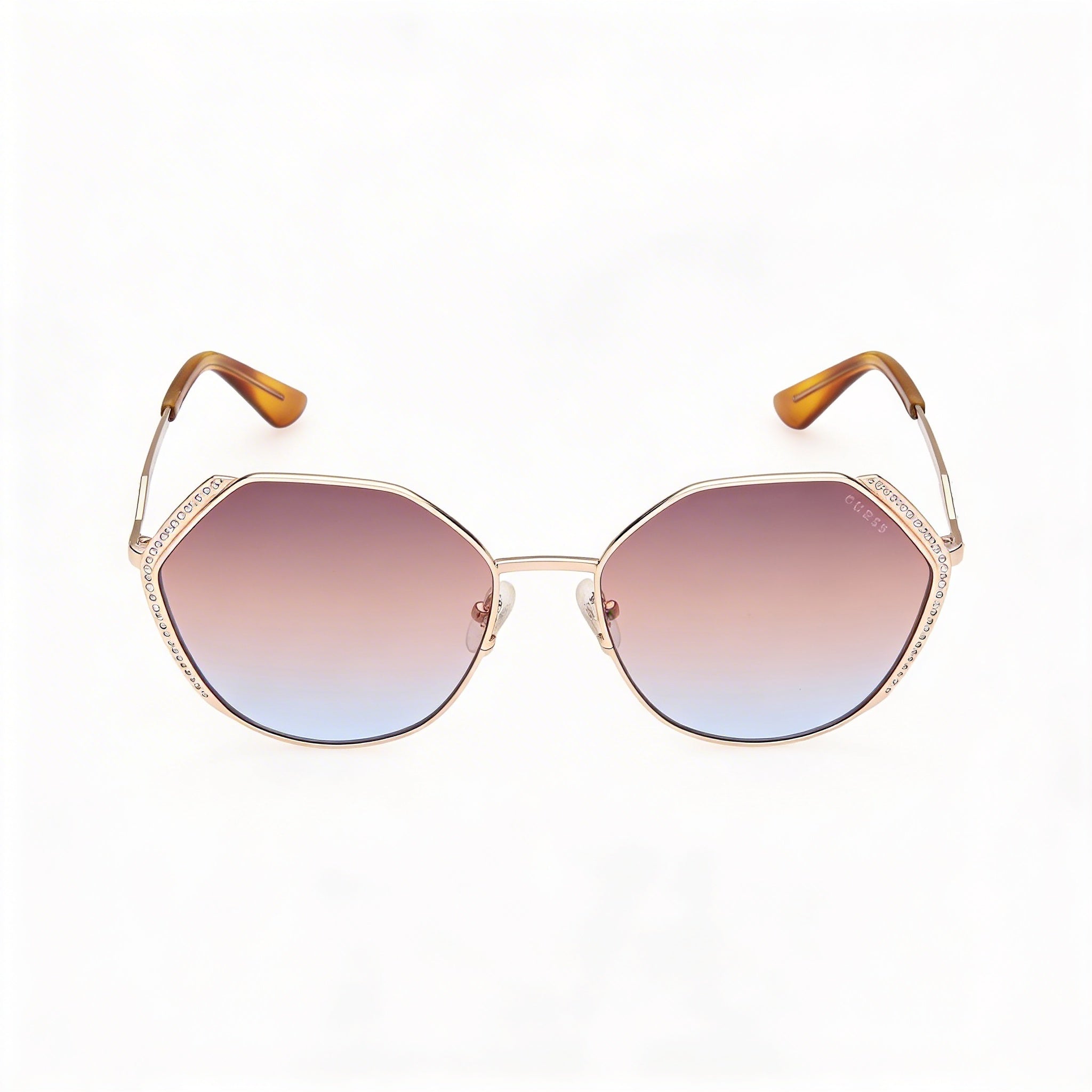 GUESS Gafas de sol de mujer de metal dorado con piedras geométricas, oversize, 100% protección UV, lentes degradadas marrones, 58 mm, Photo 2