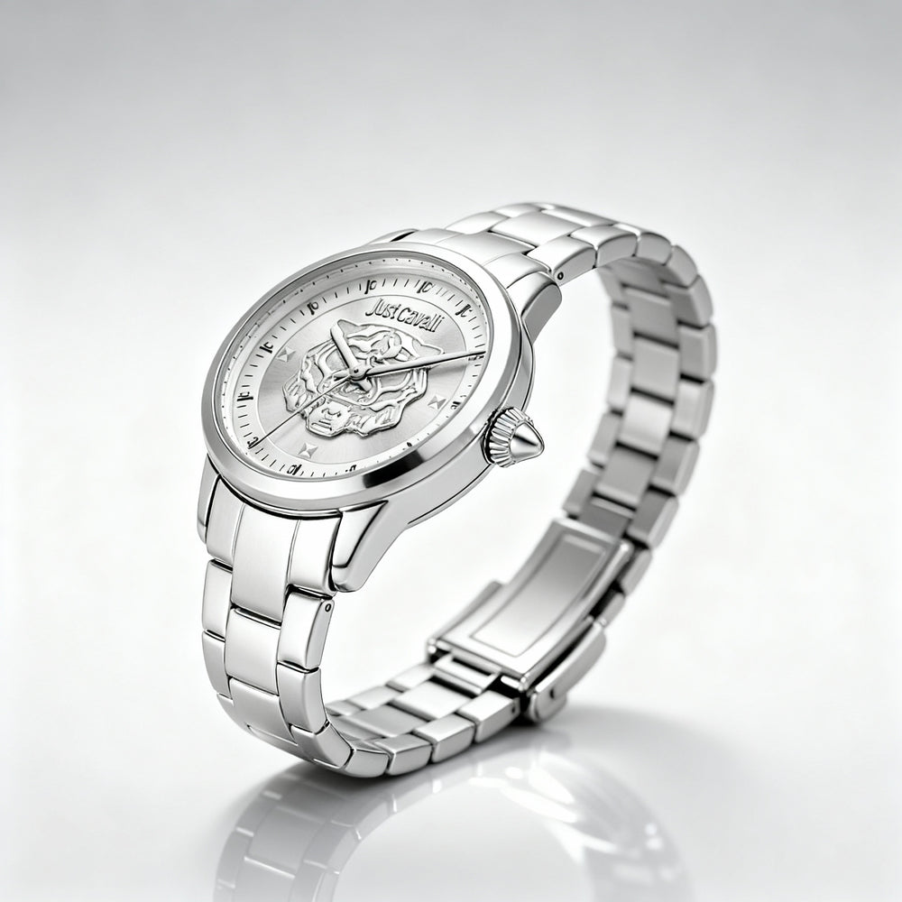 Conjunto de reloj y pulsera Just Cavalli para mujer, acero inoxidable plateado, movimiento de cuarzo, caja de 30 mm