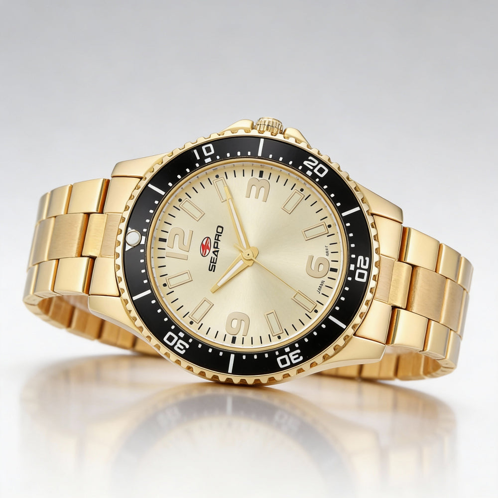Reloj analógico de cuarzo Seapro para mujer, de acero inoxidable dorado, 40 mm
