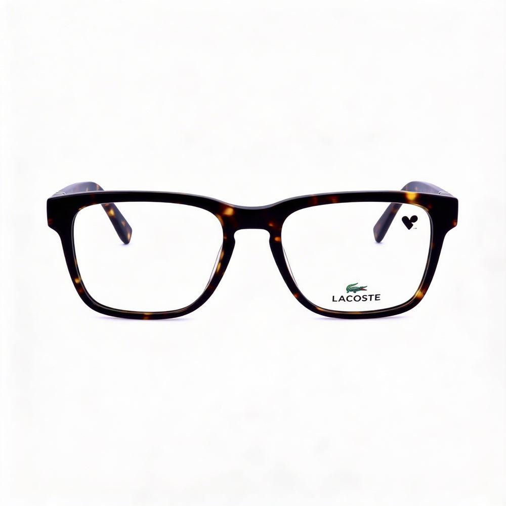 Gafas unisex Lacoste Modern de acetato en color Havana oscuro, 53 mm. Lentes transparentes de demostración, aptas para prescripción médica.