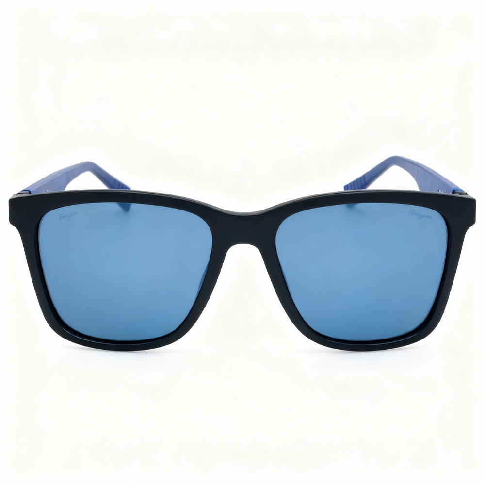 Gafas de sol unisex Salvatore Ferragamo SF998S con montura rectangular modificada, inyectadas en negro mate y azul, 100 % UV, 57 mm