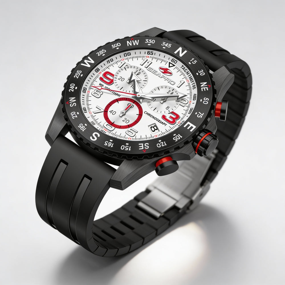 Seapro Japanese Men's White Dial Chronograph Quartz Watch with Stainless Steel Case & Rubber Strap