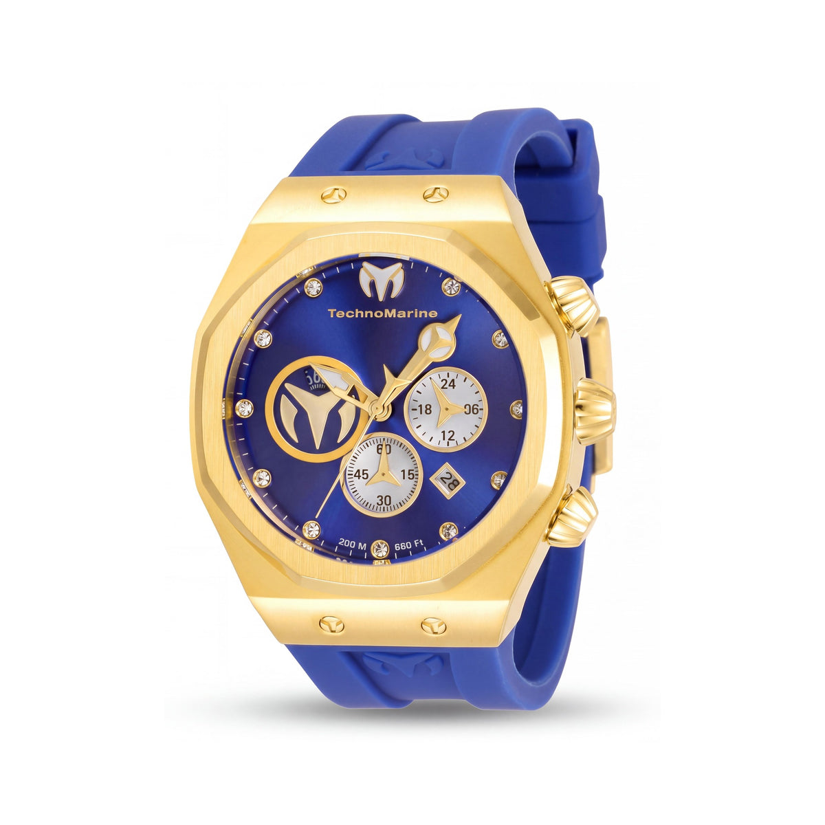 Reloj de buceo TechnoMarine japonés para hombre de 45 mm, acero inoxidable tono dorado, correa de silicona azul, Photo 1