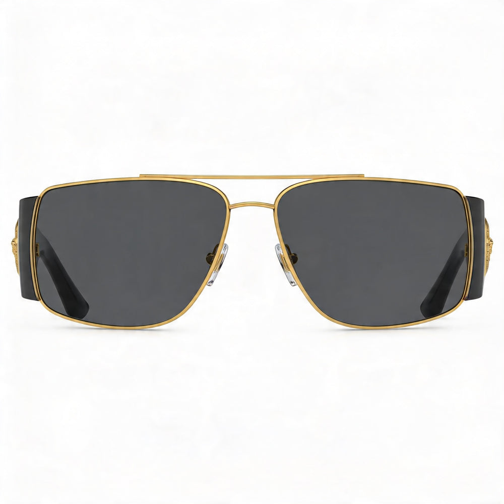 Gafas de sol rectangulares Versace VE2163 para hombre, montura de metal dorado con lentes grises, protección UV, 63 mm