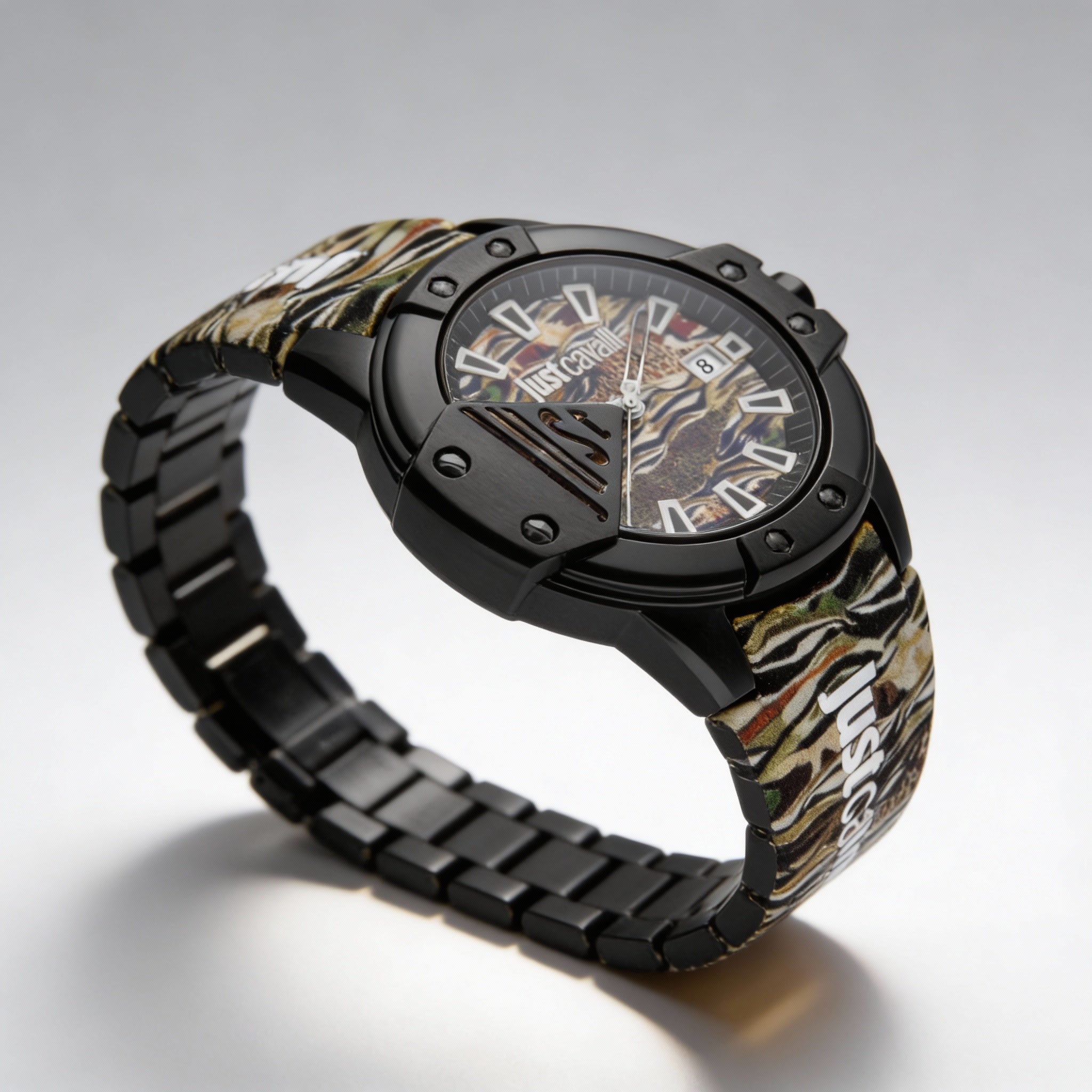 Just Cavalli Fashion Women's Waterproof Watch, Black Camouflage Stainless Steel Case with Leather Strap