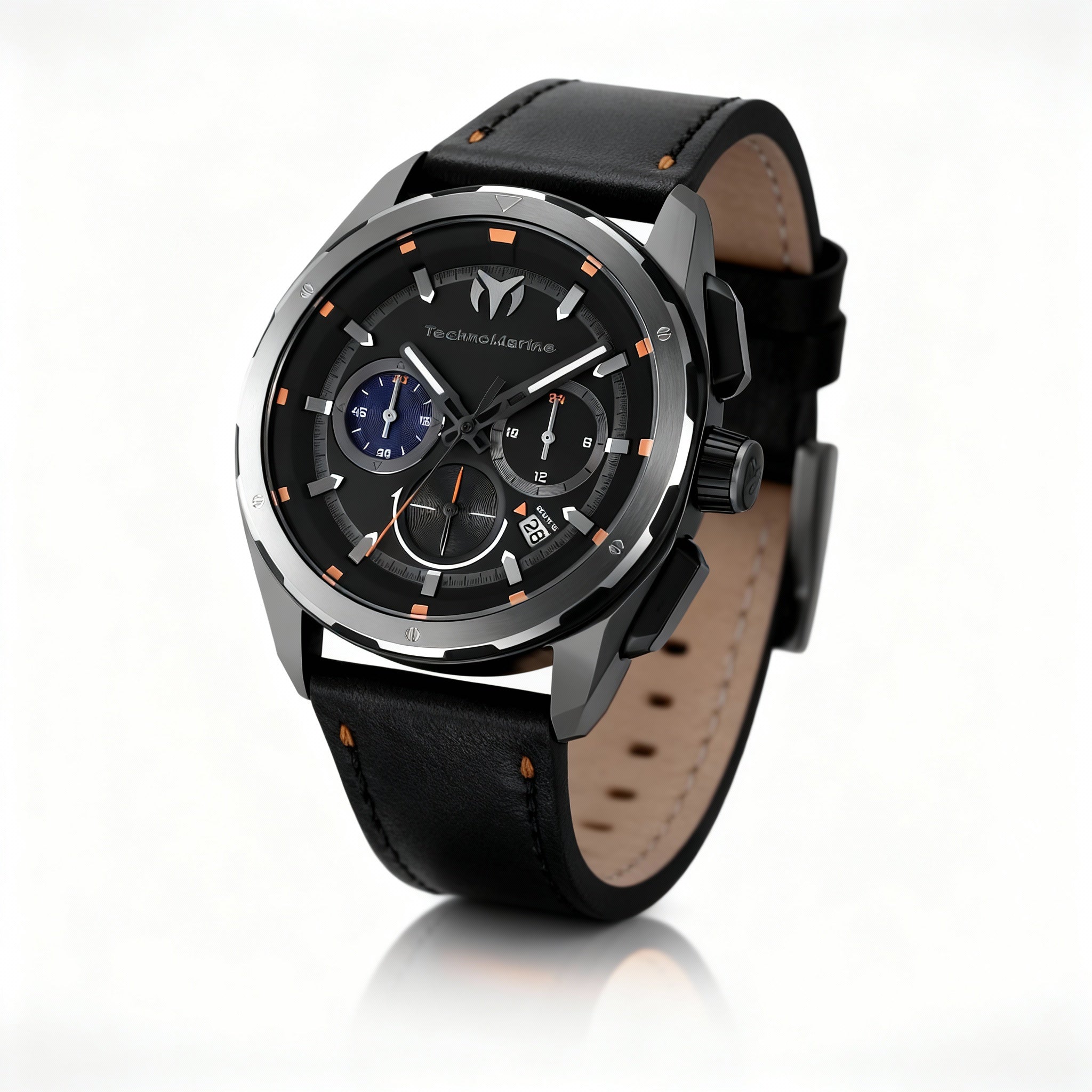 TechnoMarine OCEAN - NOMAD TM-318087 Men's 43mm Quartz Watch, Stainless Steel, Black Dial, Leather Strap