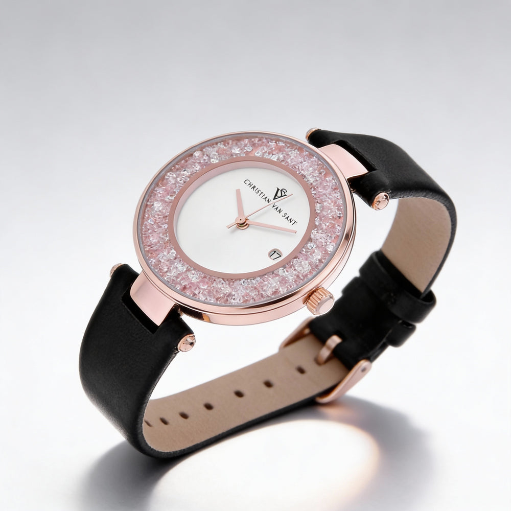 Reloj Christian Van Sant para mujer con movimiento de cuarzo, esfera plateada, fecha, resistente al agua hasta 30 m y resistente a arañazos.