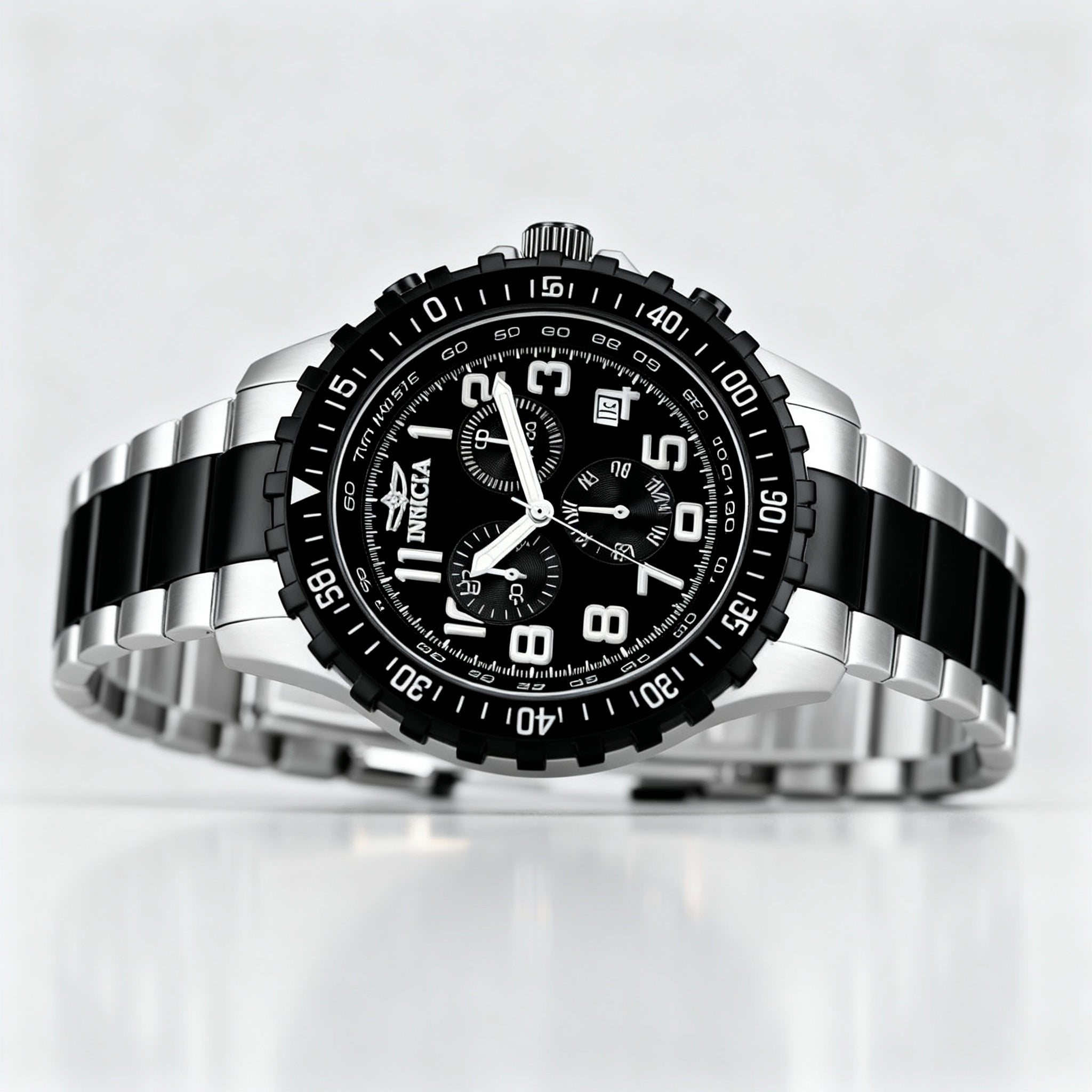 Invicta Chronograph Watch Men's Stainless Steel Flame-Fusion Crystal Silver Black 100M Water Resistant 45MM