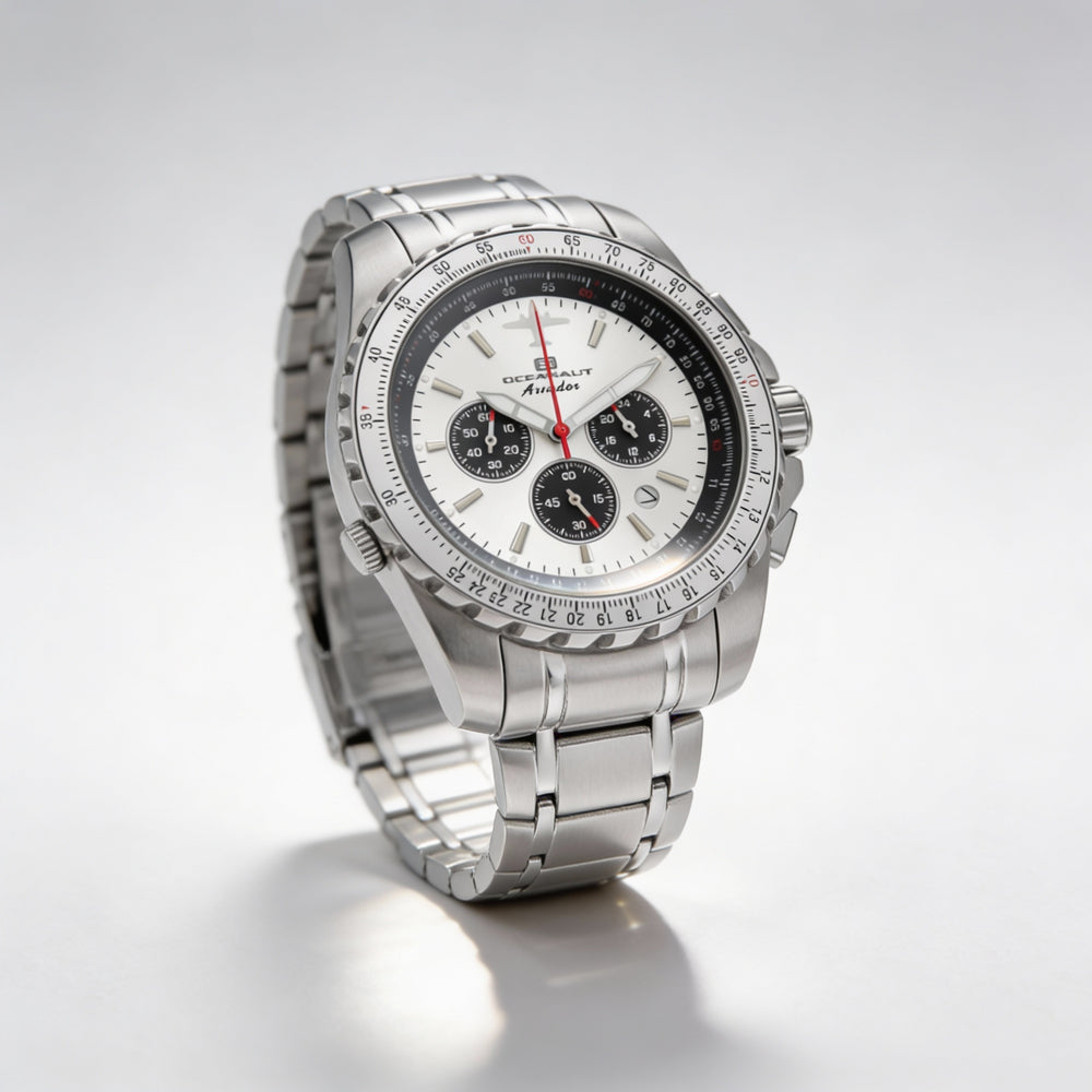 Reloj cronógrafo de cuarzo Oceanaut Aviador Pilot para hombre, plateado, con bisel giratorio y fecha, 45 mm