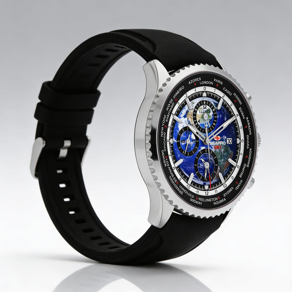 Reloj de cuarzo Seapro para hombre con temporizador mundial, GMT y despertador - Acero inoxidable negro