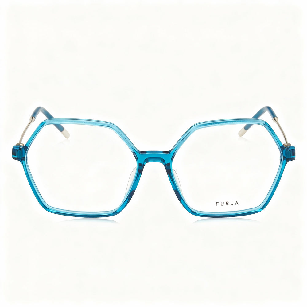 Furla VFU636 Women's Modern Geometric Full Rim Acetate Eyeglasses, Transparent Sky Blue, 54mm