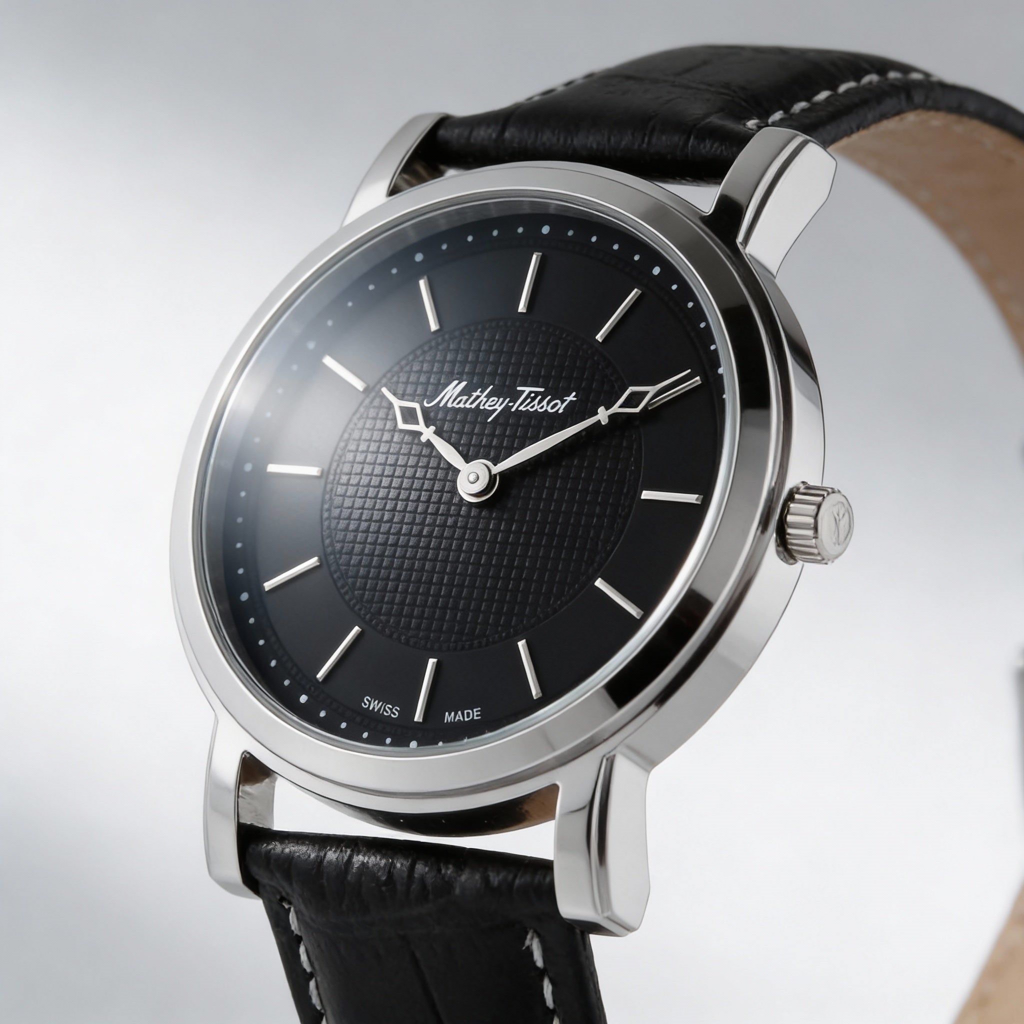 Mathey-Tissot Quartz Movement Men's Black Dial Stainless Steel Case Water Resistant Leather Strap Watch, Photo 2