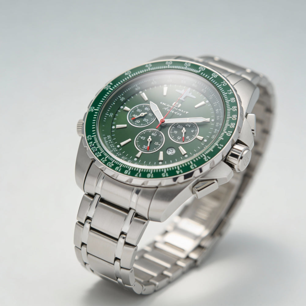 Oceanaut Aviador Pilot - Cronógrafo de cuarzo para hombre, esfera verde, acero inoxidable, 45 mm
