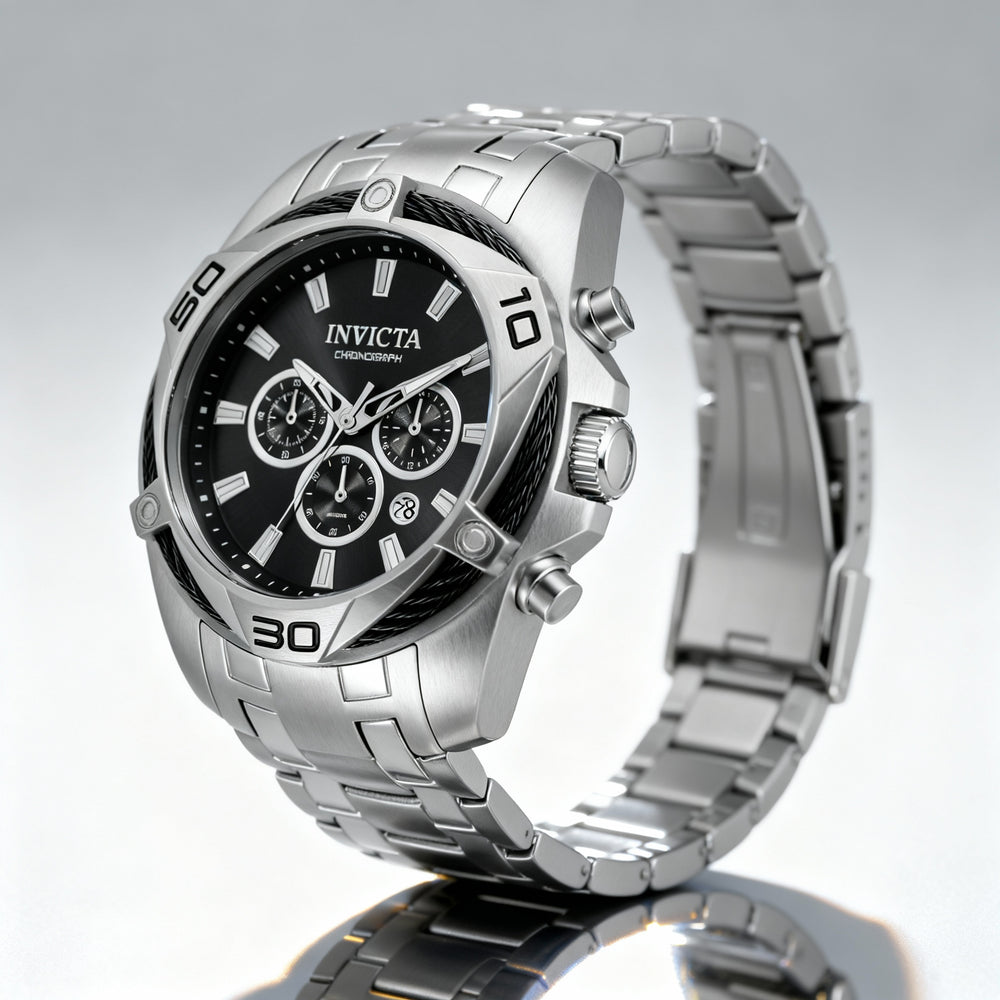 Reloj Invicta para hombre, cronógrafo de cuarzo, acero inoxidable, tono plateado, esfera negra, cristal Flame Fusion, resistente al agua hasta 100 m, 50 mm