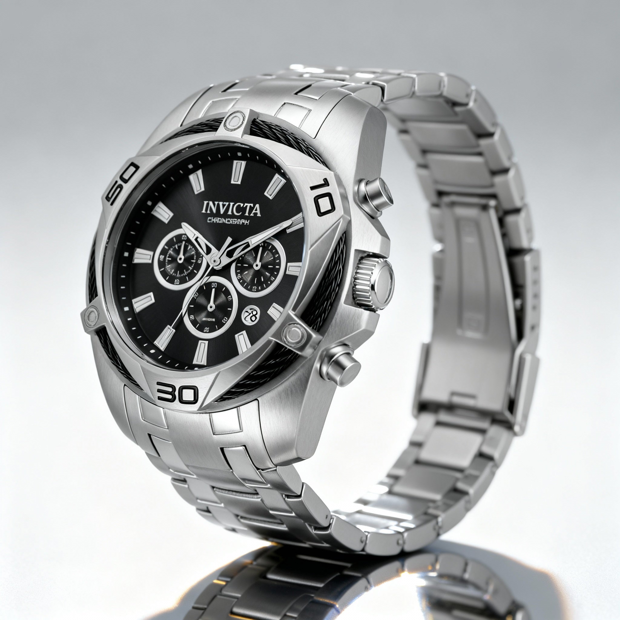 Invicta Men's Chronograph Quartz Silver-Tone Stainless Steel Watch Black Dial Flame Fusion Crystal 100M Water Resistant 50mm