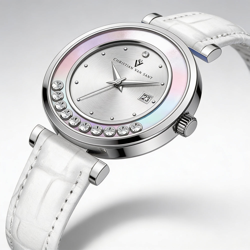 Reloj Christian Van Sant para mujer, resistente al agua, con caja de acero inoxidable plateado y correa de piel, movimiento de cuarzo.