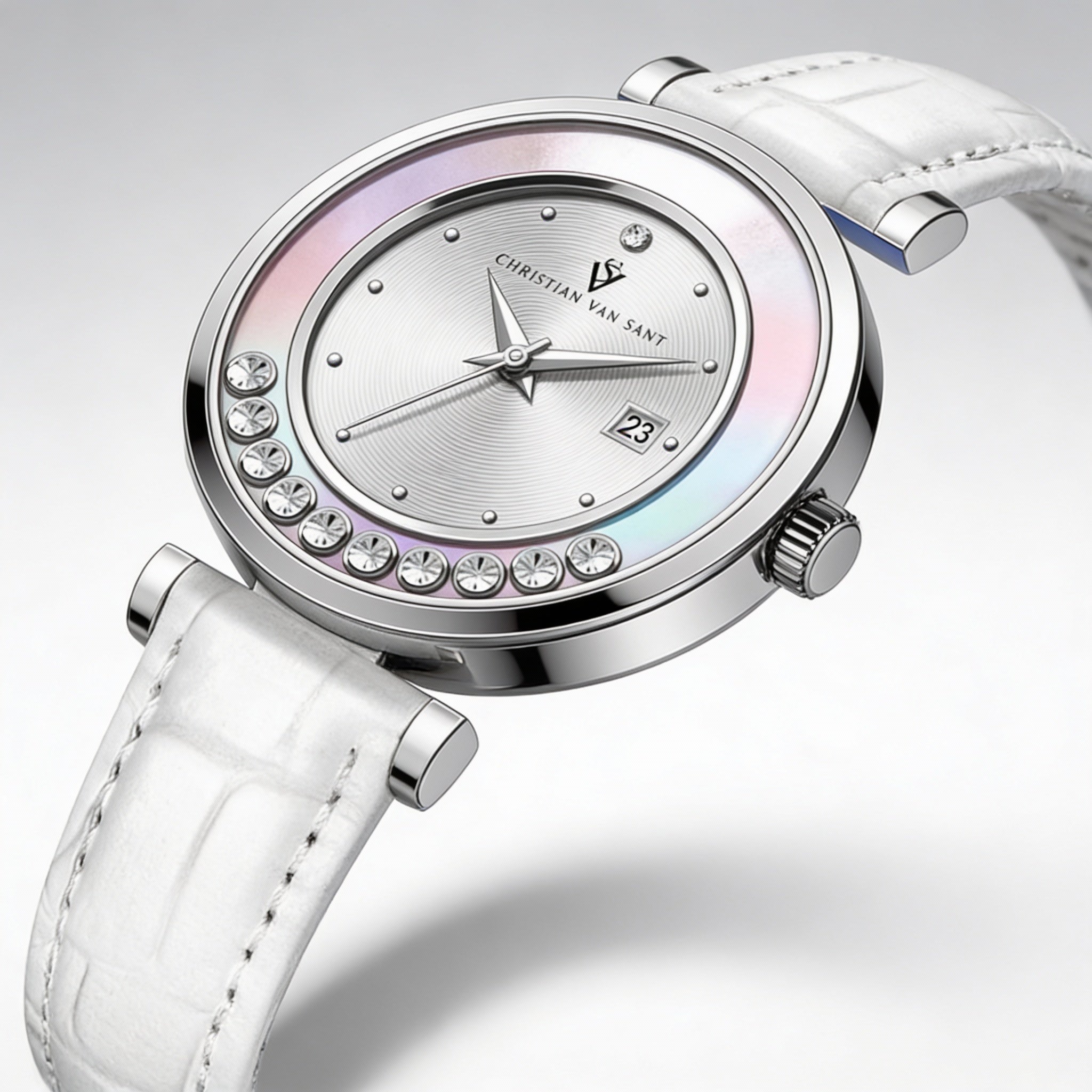 Reloj Christian Van Sant para mujer, resistente al agua, con caja de acero inoxidable plateado y correa de piel, movimiento de cuarzo., Photo 2