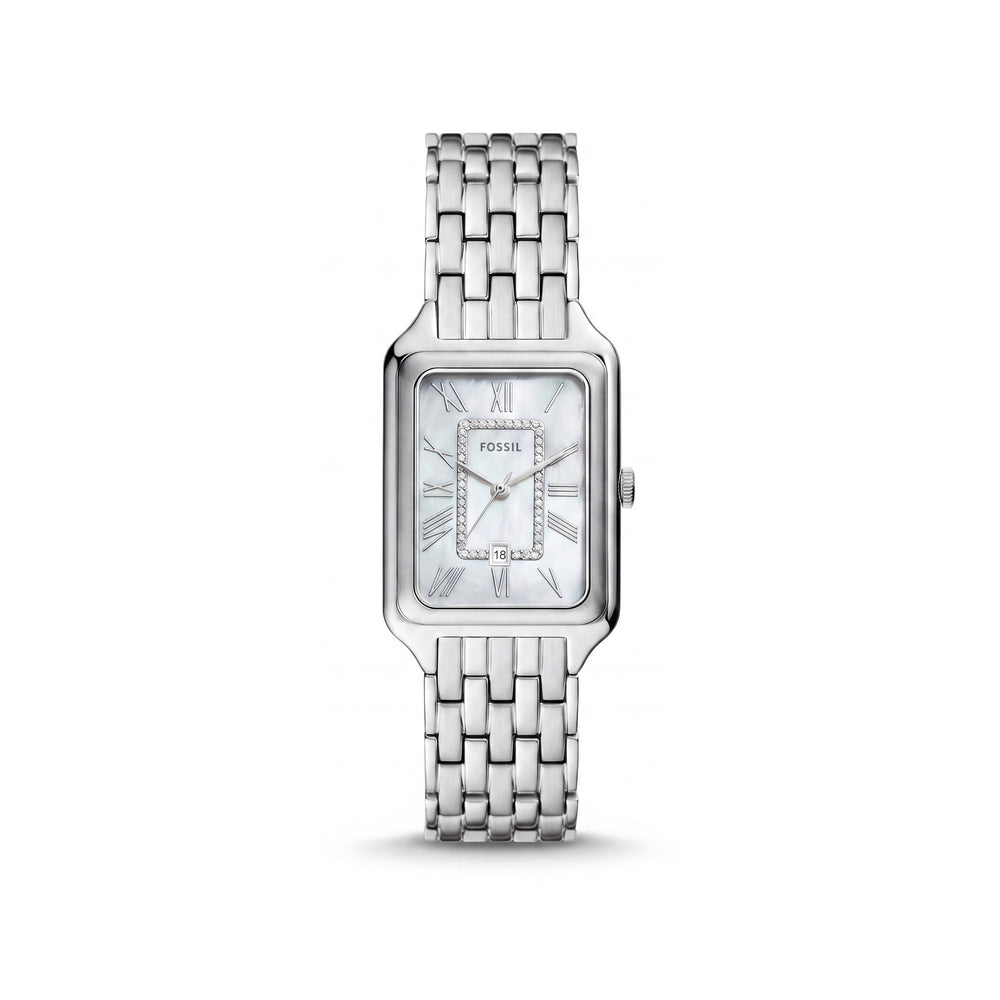 Fossil Raquel ES5306 Reloj de mujer de acero inoxidable plateado con tres manecillas y fecha, esfera de nácar, 26 mm