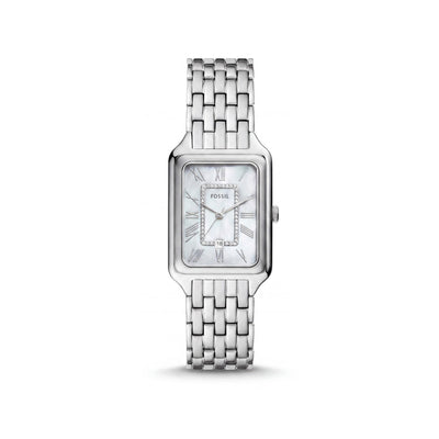 Fossil Raquel ES5306 Reloj de mujer de acero inoxidable plateado con tres manecillas y fecha, esfera de nácar, 26 mm