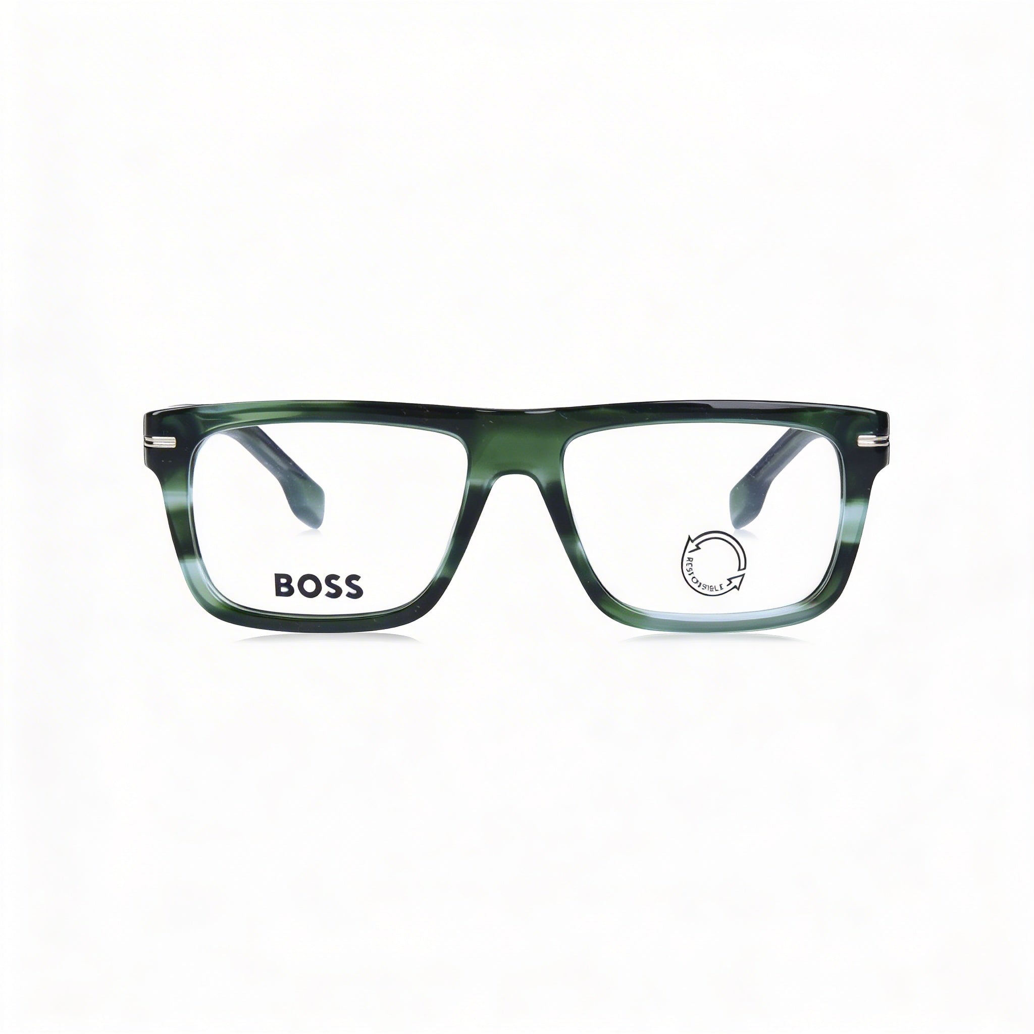 Montura de acetato de cuerno verde unisex moderna de Hugo Boss con lentes de acetato iridio y protección UV de 53 mm, Photo 2