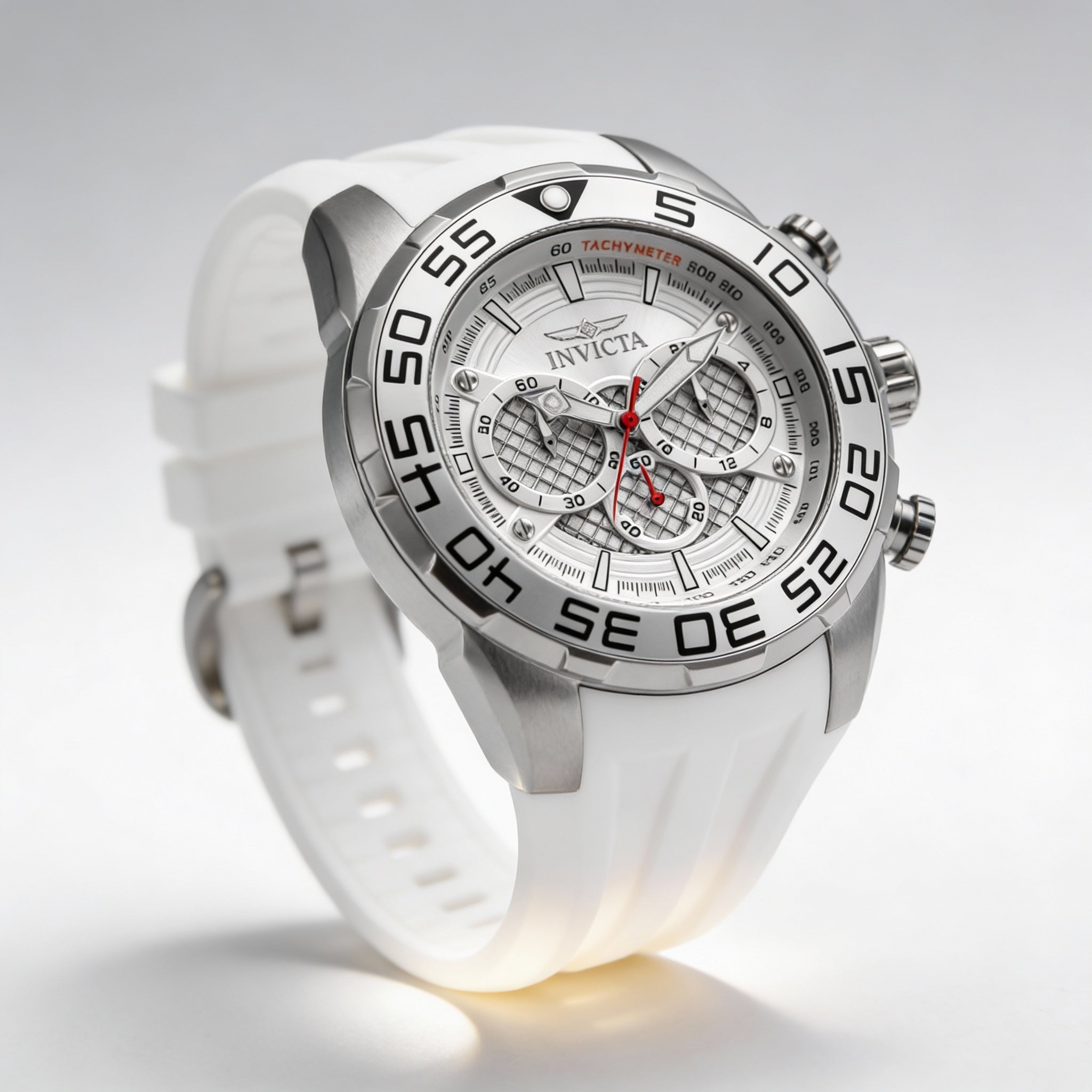 Reloj cronógrafo de cuarzo Invicta Speedway para hombre, de acero inoxidable, 50 mm, esfera plateada, correa de silicona blanca y manecillas luminosas., Photo 2