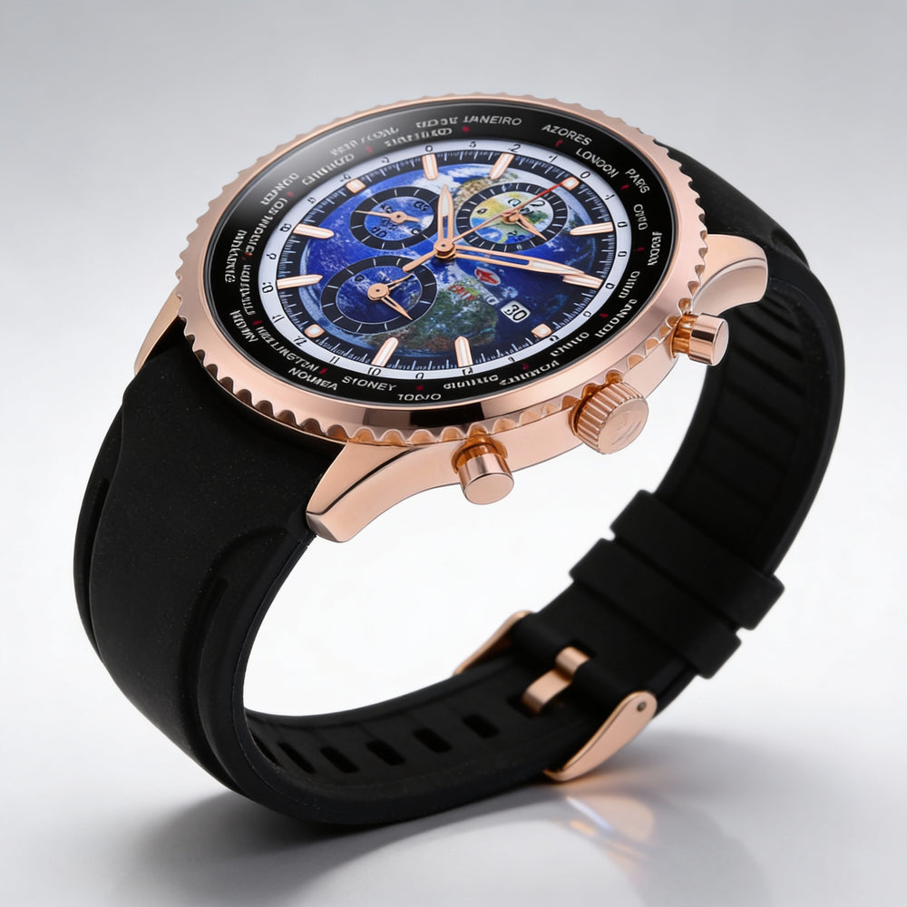 Reloj Seapro para hombre con movimiento de cuarzo, caja negra, esfera azul, correa de caucho, temporizador mundial, alarma GMT, resistente al agua hasta 10 ATM.