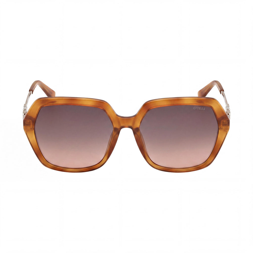 GUESS Women's Square-geometric Plastic Sunglasses, Blonde Havana Frame, Gradient Brown Lenses 57mm