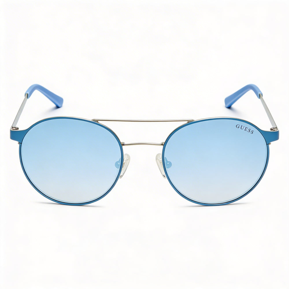 Guess Gu3023 Women's Anti-Reflective Rounded Metal Light Blue & Blue Mirror Frame Sunglasses with Blue Mirror Lenses 52mm