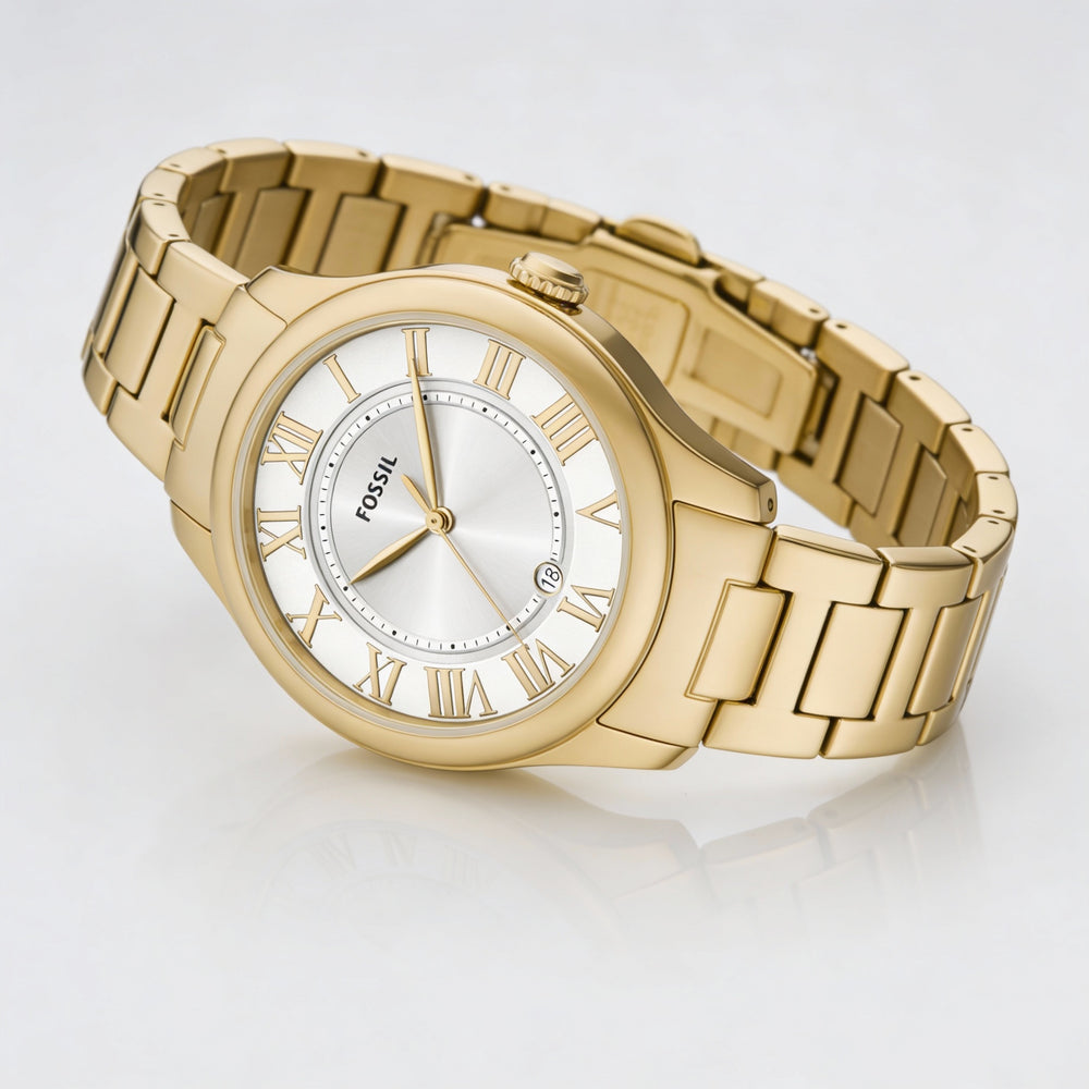 Reloj Fossil Gilmore para mujer con pulsera de acero inoxidable dorado, esfera con números romanos, fecha de tres manecillas y caja de 38 mm.